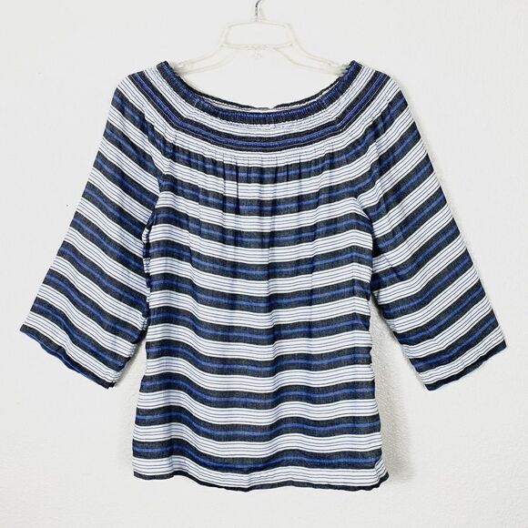 J. Jill Black White & Blue Striped Off the Shoulder Blouse - Picture 1 of 5